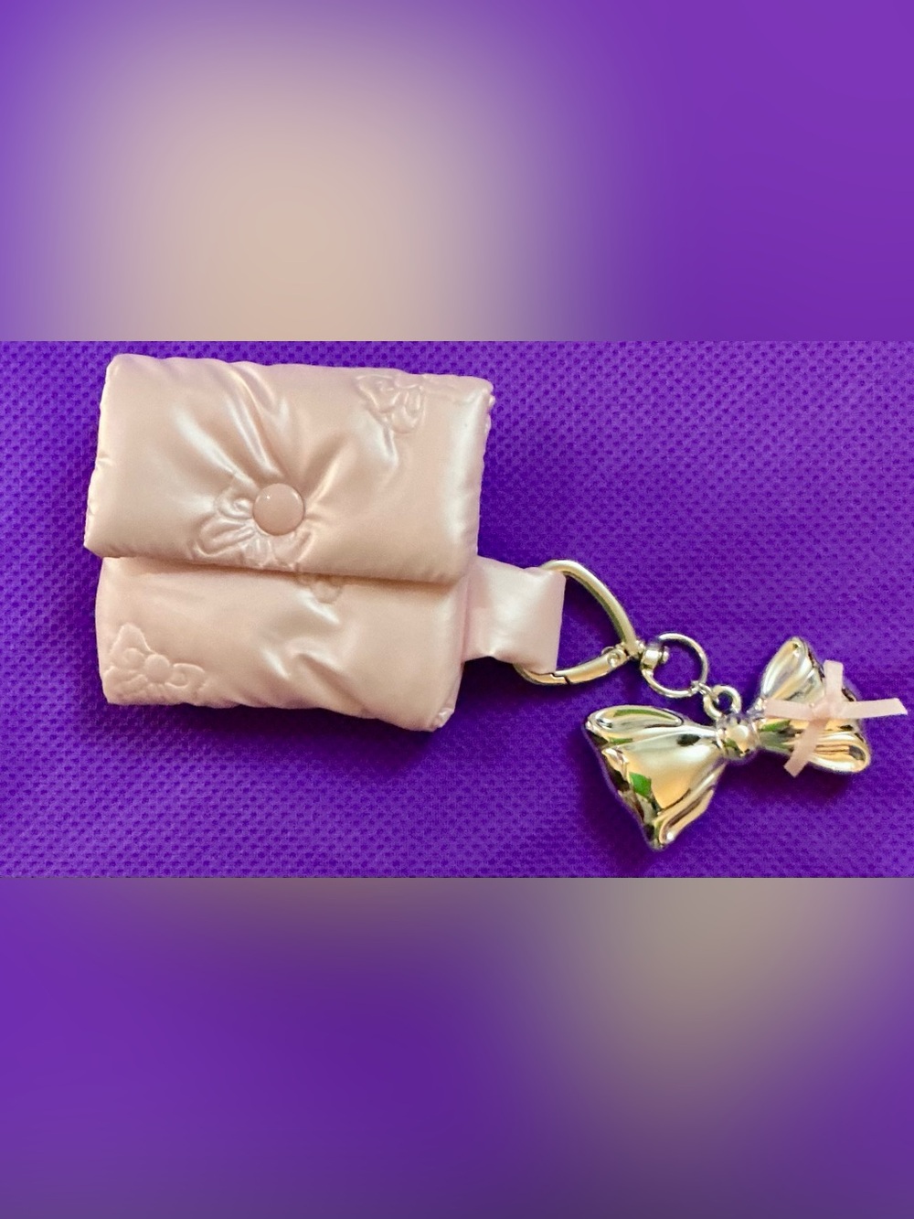 Puffy Mini Keychain Bag in Light Pink with Gold Bow Charm
